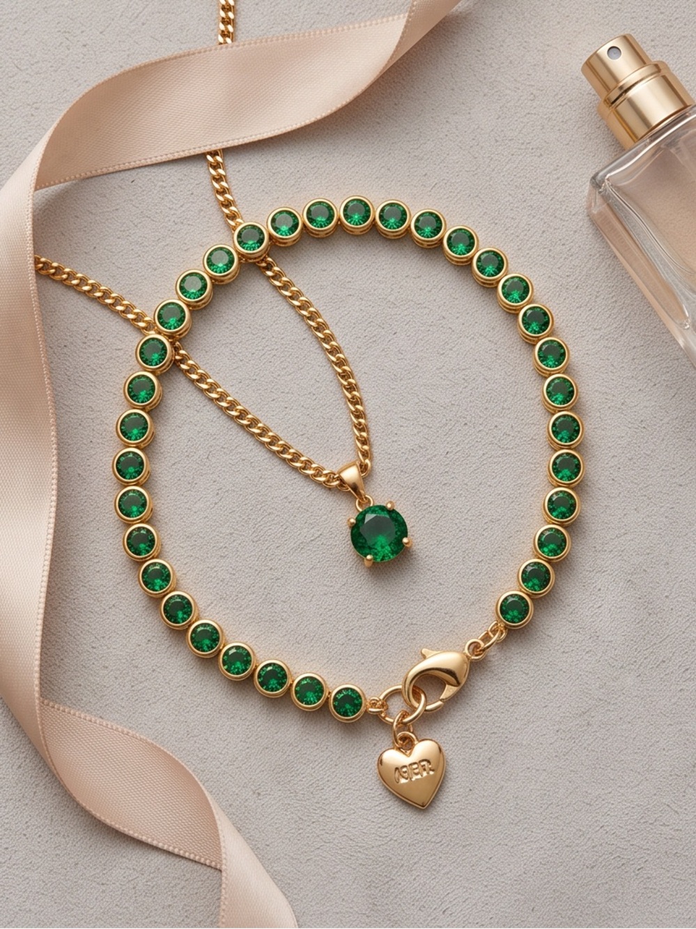 18K Gold Plated Emerald Green Bezel Tennis Bracelet – 8 Inch